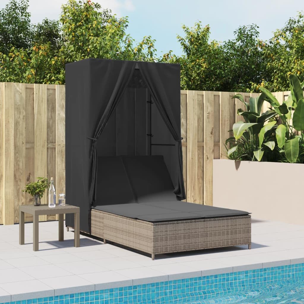 Doppio lettino prendisole con tettuccio in rattan, isola solare, grigio, 104 x 197 cm | Comoda isola prendisole per 2 persone per terrazza e giardino, con schienale regolabile e federe lavabili
