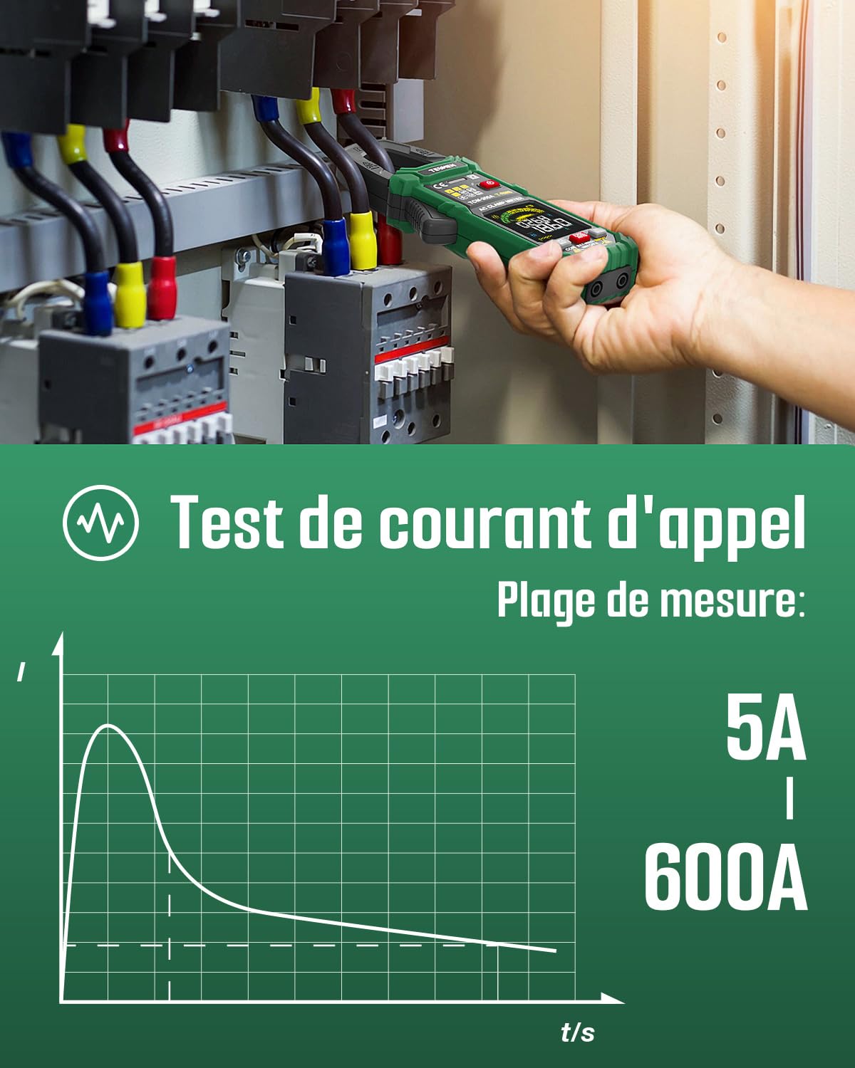 TESMEN TCM-300A Pince Ampèremétrique numérique 6000 Counts T-RMS Ampèremètre, multimètre à plage automatique voltmètre avec courant AC tension AC/DC NCV/fil actif résistance diode température - Vert