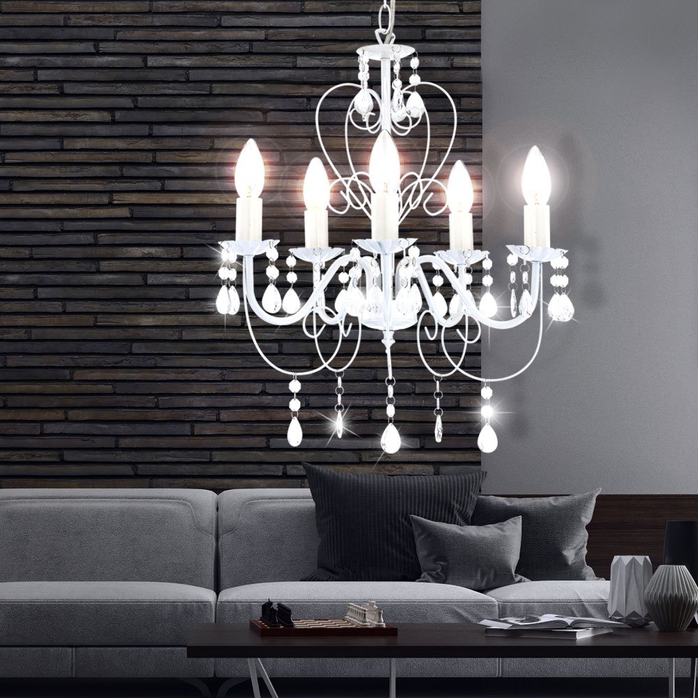 Pendelleuchte weiß Kristall Lampe Kronleuchter Wohnzimmerleuchte Deckenleuchte Hängelampe, 5-flammig hängend, 5x E14, DxH 44x129 cm