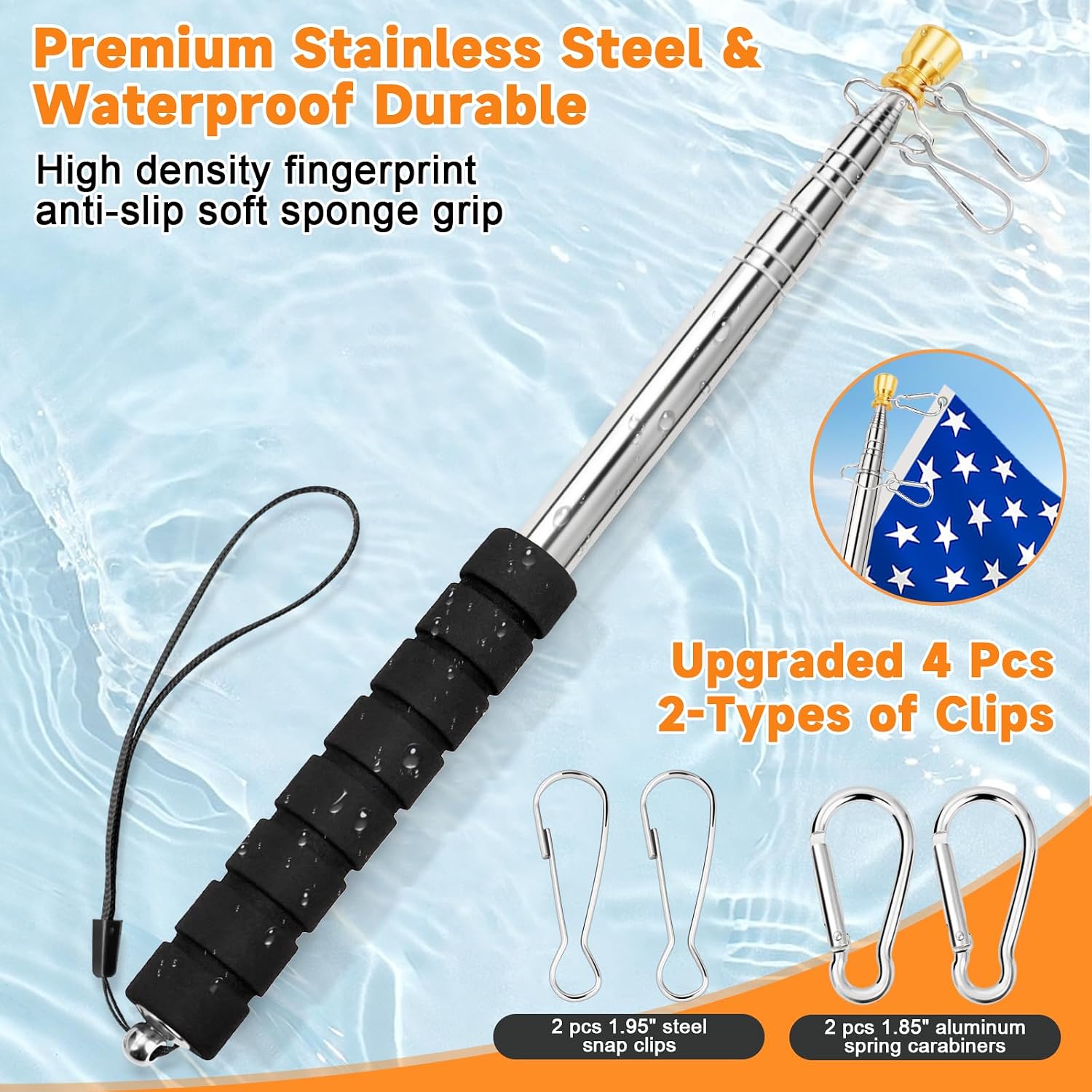 Telescopic Portable Handheld Flag Pole and 3'x5' American US Flag & 4 Clips, 8.2Ft/2.5M Extendable Hand Carry Flagpole, Retractable Stainless Steel Travel Tour Guide Flag Pole, Fit for 3x5 4x6 Flags