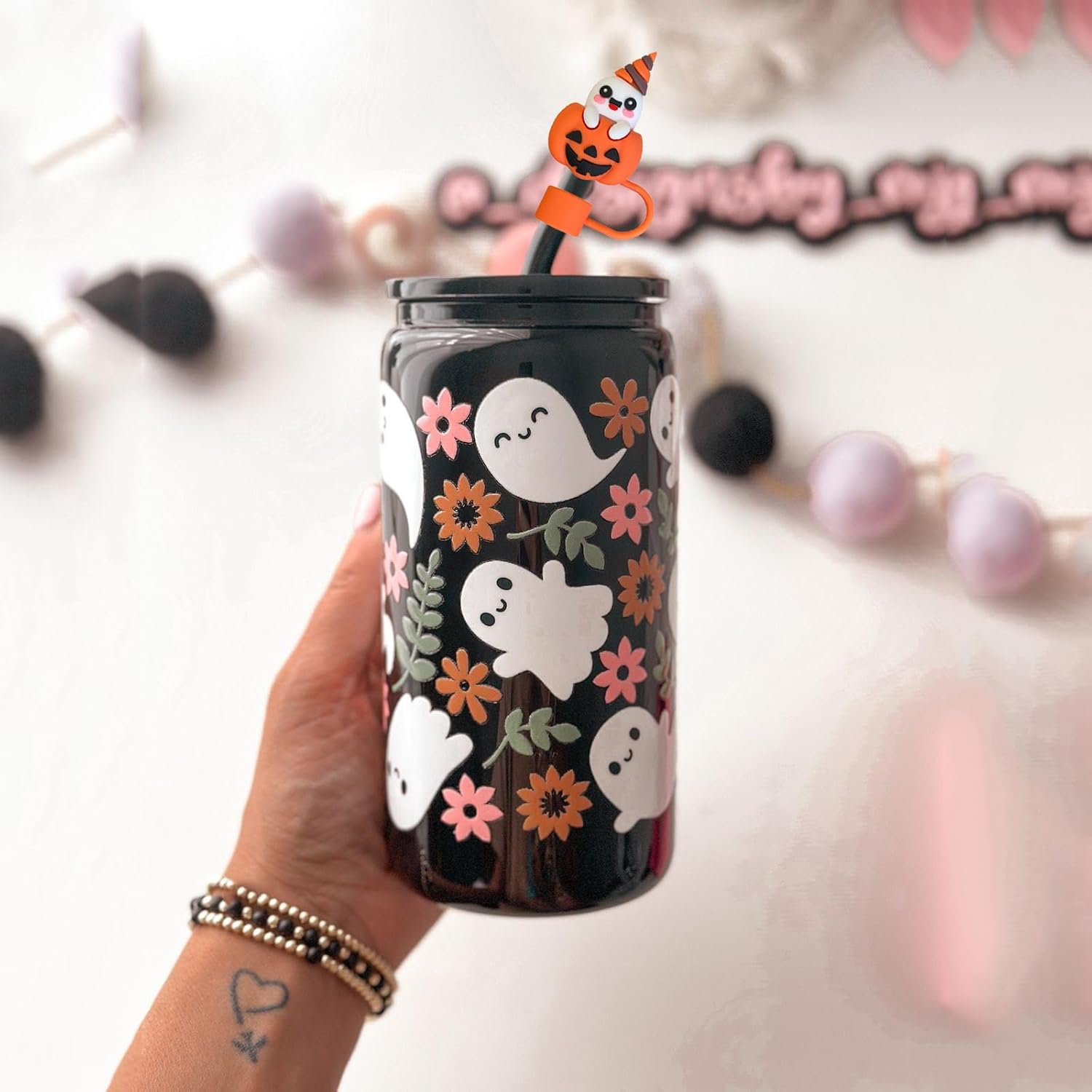 Halloween Straw Covers Cap for Stanley Cup 40&30 Oz, Reusable Silicone Straws Toppers Cute Halloween Design Ghost Pumpkin Bat Straws Tip Funny 10mm 0.4in Reusable Straw Lids for Part Cup Decoration - Image 7
