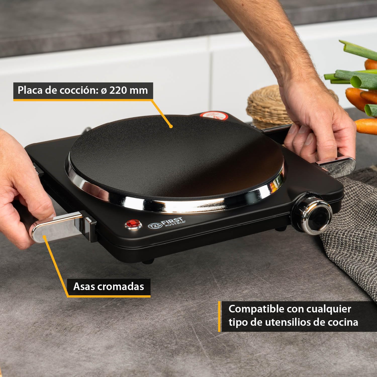 TZS First Austria placa vitrocerámica de infrarrojos, placa de cocina individual 22 cm | Compatible con todo tipo de ollas | Calentamiento rápido, regulación continua, luz indicadora