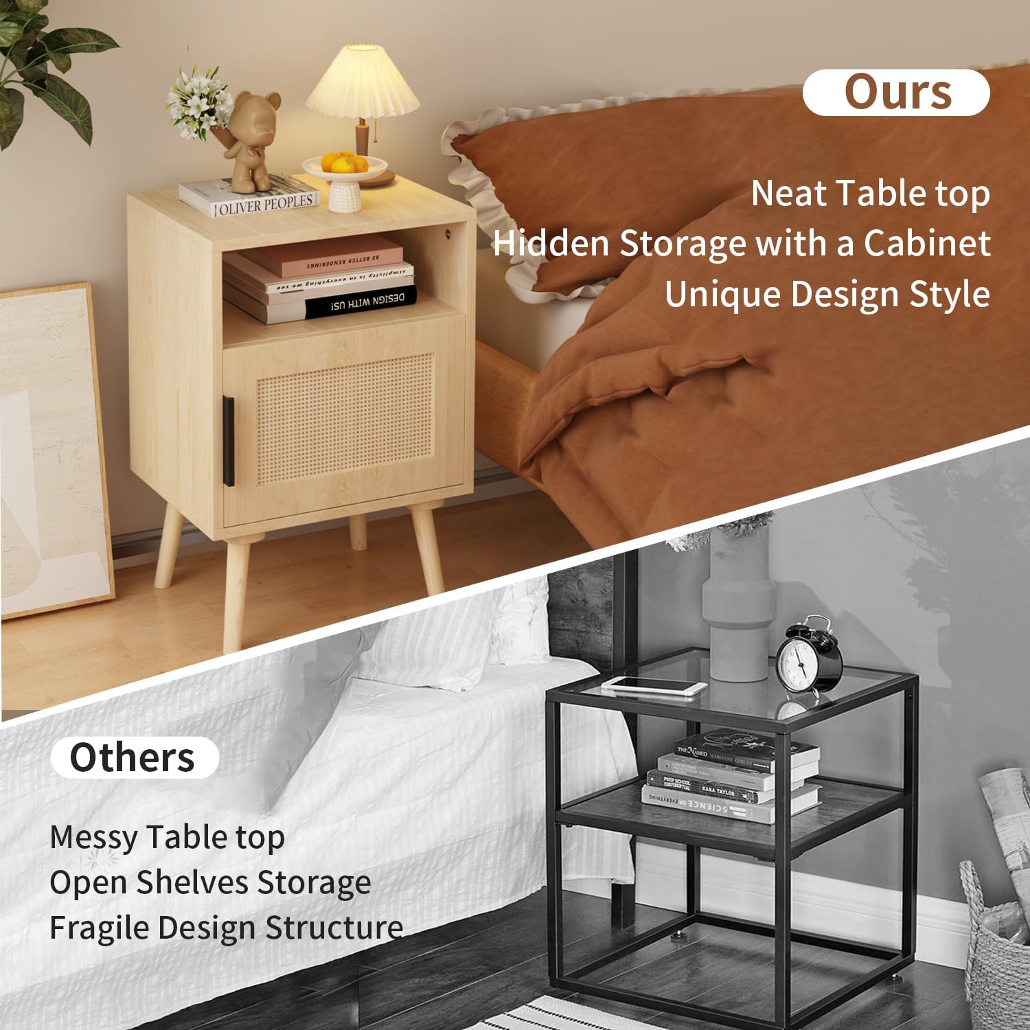 Rattan Nightstands Set of 2 with Storage Shelf - Boho Bedside Table for Bedroom - Modern End Table with Solid Wood Legs for Small Space, Dorm, Oak