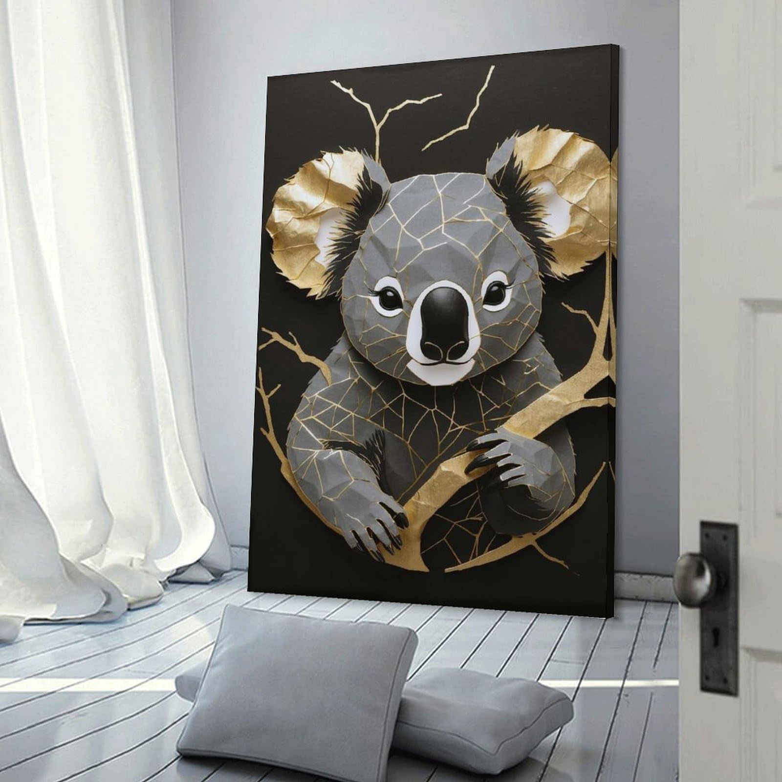 Junmoney Geometric Koala with Golden Accents Decorative Wall Artwork 08x12inch(20x30cm), for Front Hall, Corridor Or Welcome Spaces, Decorative Wall Art for Narrow Spaces