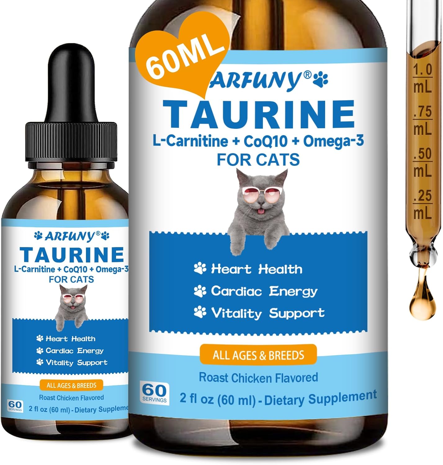 Taurine Supplement for Cats - Cat Heart Health, Cardiac Function Support - Cat Taurine Drops with L-Carnitine, CoQ10, Omega-3, L-Arginine - Feline Immune System Support - 60ML, Roast Chicken Flavor