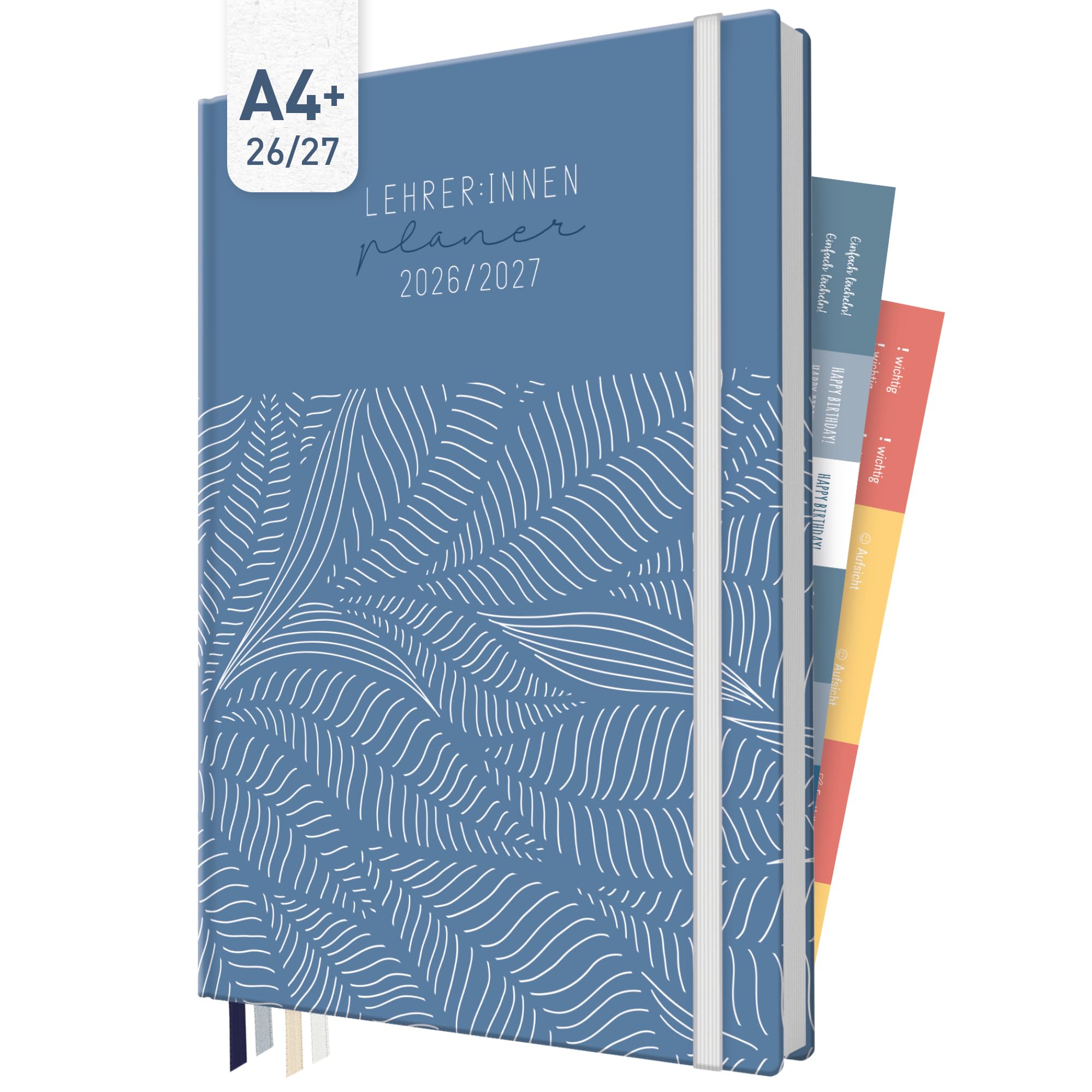 Häfft® Lehrerplaner 2026/2027 im A4+ Format - Großer Lehrerkalender & Schulplaner für das Schuljahr 26/27 – Hardcover mit 4 Lesebändchen, Notenlisten & Stickern "Fine Leaves Blue"
