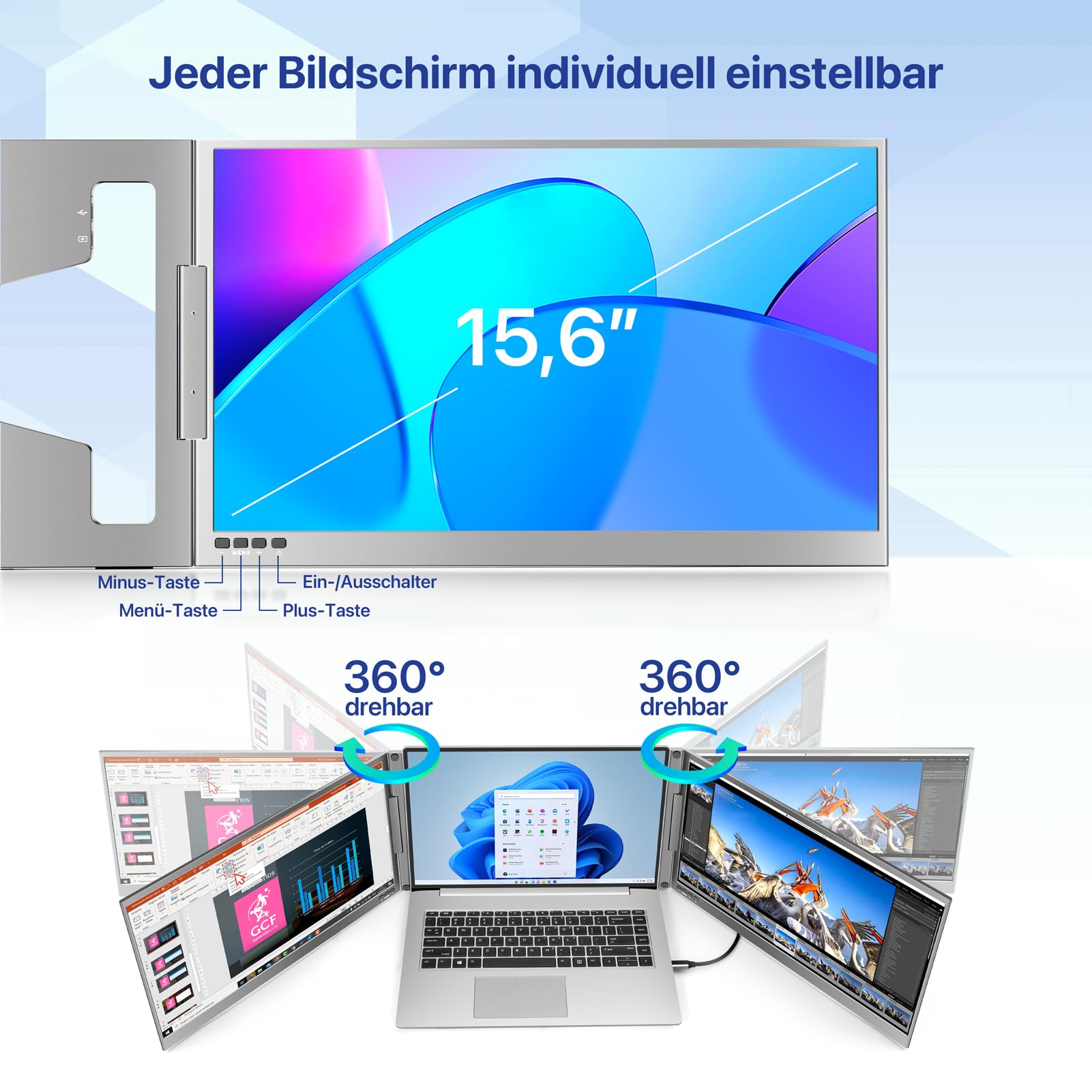 ROADOM 15,6" Dual Laptop Monitor, 1080P FHD IPS, Type-C, Aluminiumlegierung | 2-Bildschirm-Erweiterung, 1080P FHD IPS, Type-C & USB-A, 360° Drehbar, Faltbar, Aluminium, Win/Mac/Android/ChromeOS