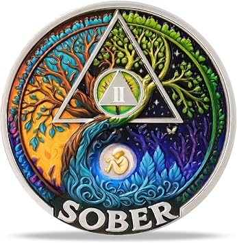 Sobriety Coin with Serenity Prayer AA Recovery Medallion with Colorful Tree of Life Design 12-StepInspirational Token for Clean & Sober Anniversary, Recovery Gift for Men & Women 2 Years
