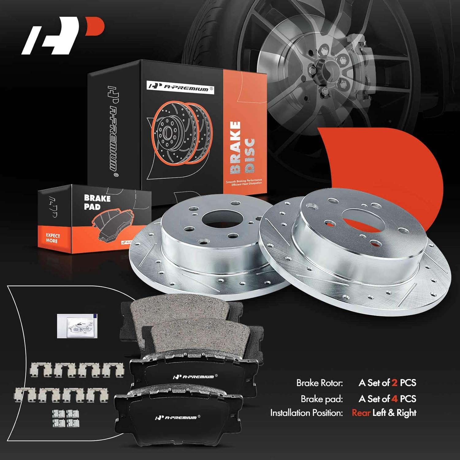 A-Premium 11.06 inch (281mm) Rear Drilled and Slotted Disc Brake Rotors + Ceramic Pads Kit Compatible with Select Lexus and Toyota Models - Elantra HS250h 2010-2012, RAV4 2006-2018, 6-PC Set