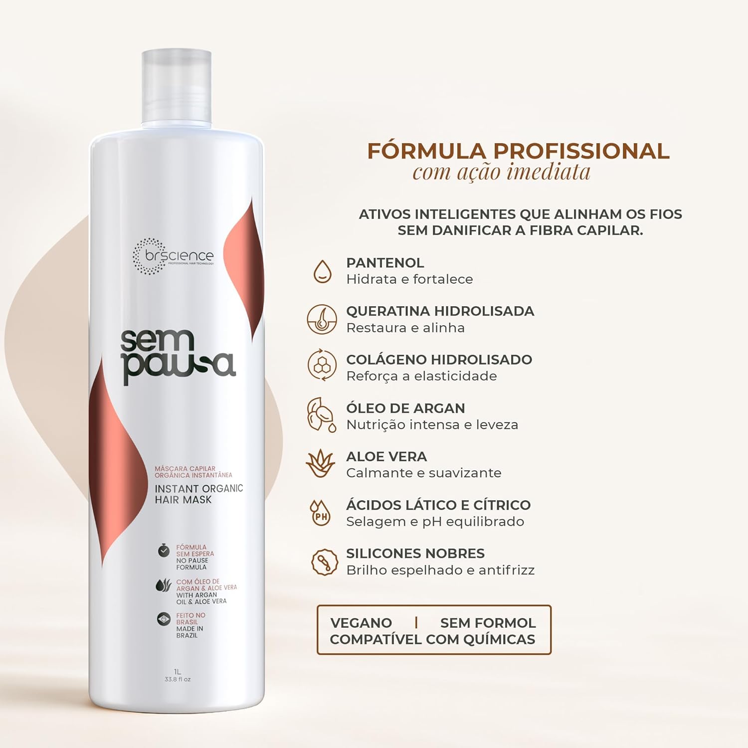 BRSCIENCE Sem Pausa Organic Keratin Hair Treatment | Alisado sin formol | Formaldehyde-Free Brazilian Keratina para Alisar el Pelo | Organic Hair Straightening | Keratina Brasileña (33.8 Fl Oz)