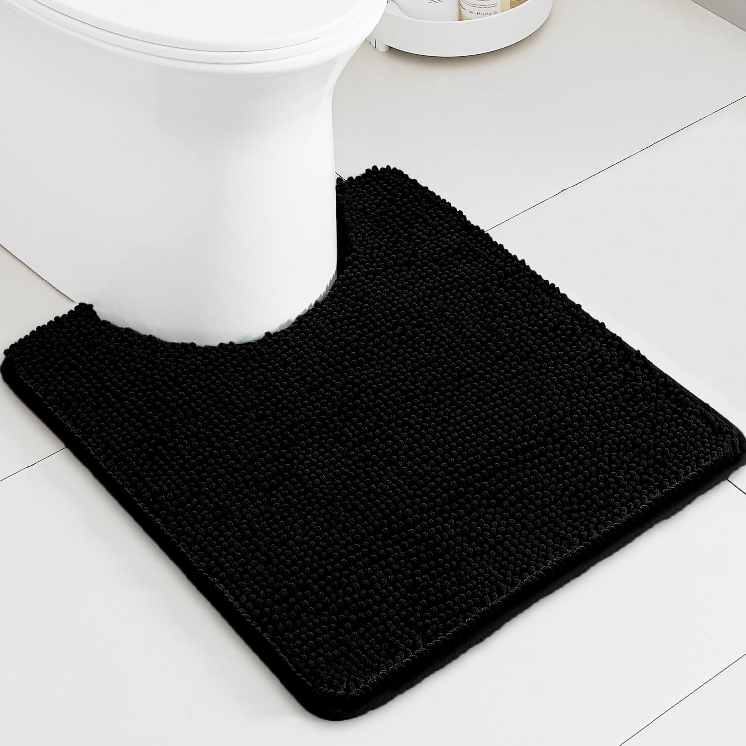 PureSwan Black Toilet Rug U Shaped – Absorbent and Washable Contour Bathroom Rugs for Toilet, Non-Slip, Thick Soft Chenille Contoured Bath Mat - 20" x 24"