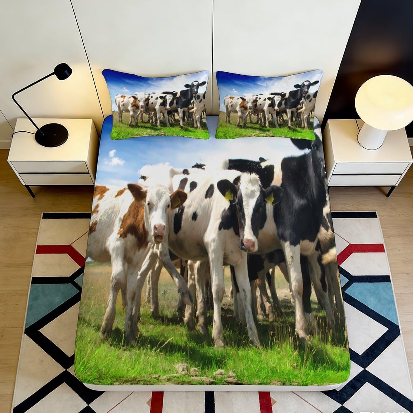 3D Printed Pastoral Cow Fitted Sheet Microfiber Soft Breathable Farm Animal Bed Cover for Bedroom Guest Room Decor 90x200x25cm