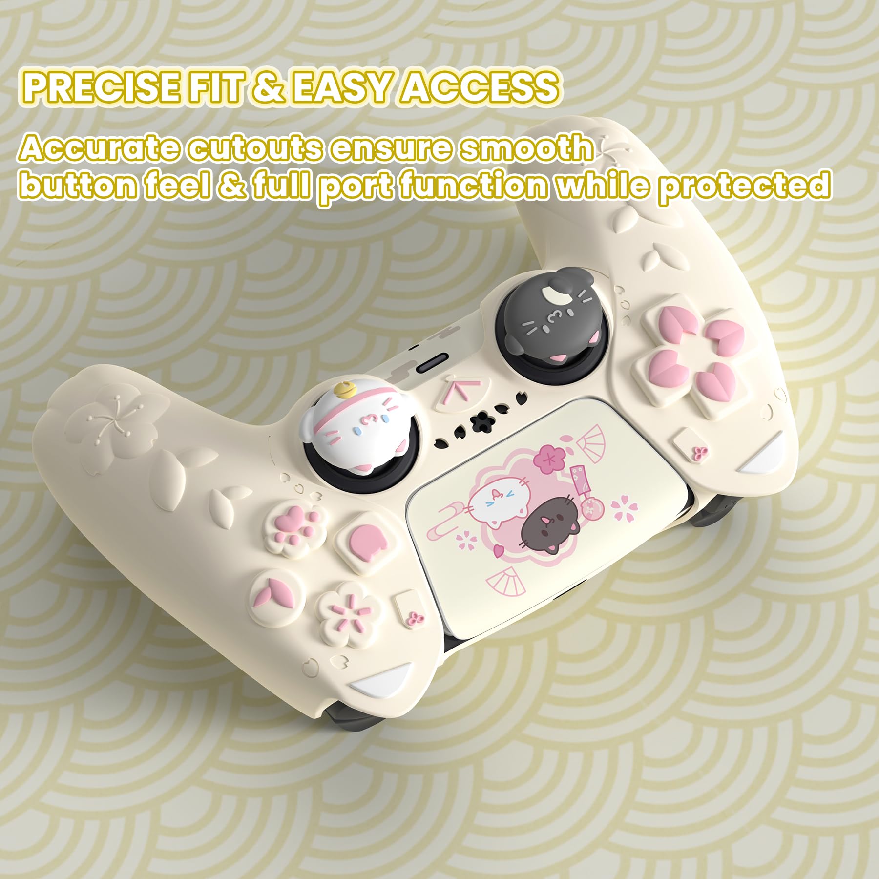PlayVital Hülle für PS5 Controller, Kätzchen Serie Süße Schutzhülle für PS5 mit 3D Katzenohren, Daumengriff & Aufkleber, Kompatibel mit Ladestation, Anti-Rutsch, Antikgelb
