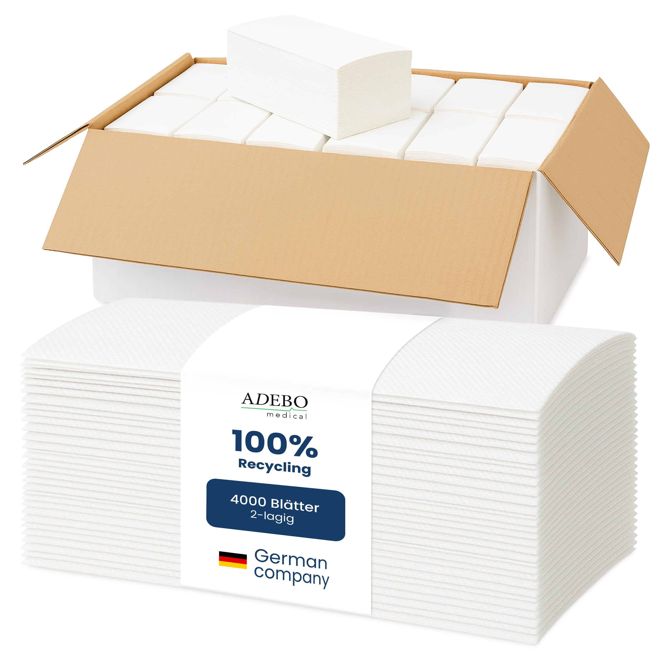 4.000 Papierhandtücher | 2-lagig | ZZ-Falz Falthandtücher | weiße Recycling Papiertücher, 25×21 cm | weiche & saugfähige Einweg Handtücher für Spender
