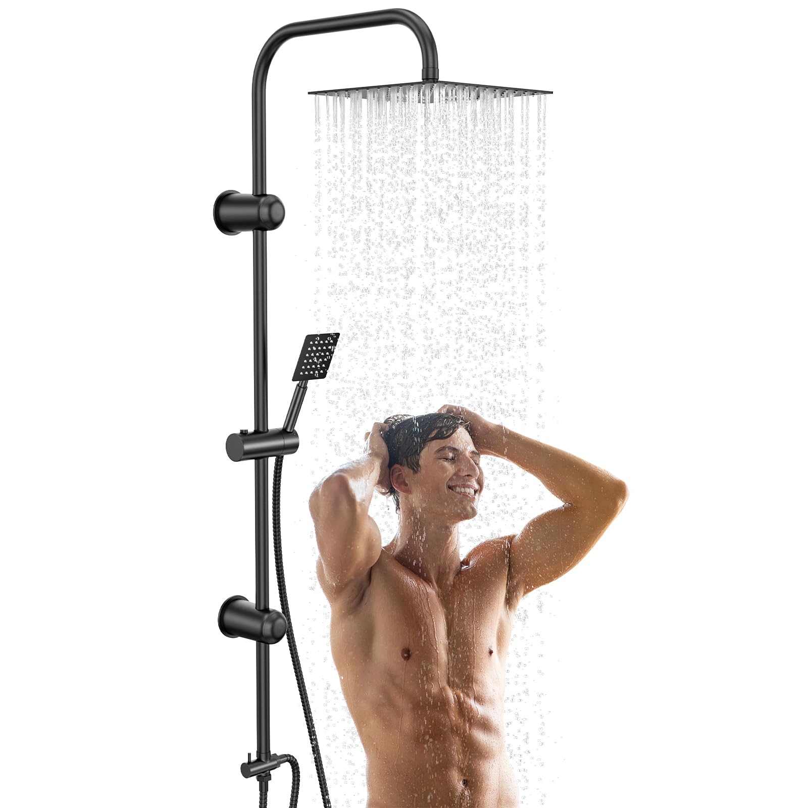 Colonne de Douche Complet, 20 × 20CM Pommeau de Douche Pluie Carré avec Douchette Main Libre - Système de Douche Colonne Murale sans Robinetterie - Chromé
