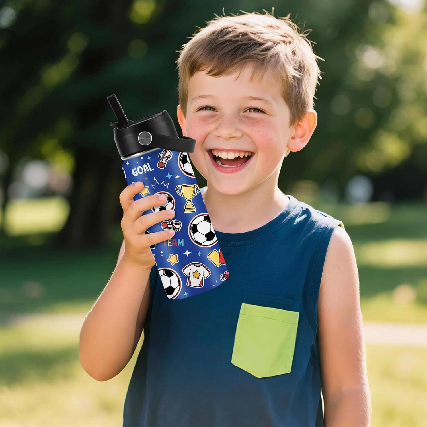 Soccer Gifts for Kids - 16 Oz Kids Water Bottle with Straw Lid, Stainless Steel Insulated Tumbler, Leak Proof, BPA-Free, for Girls, School, Travel - Soccer Lovers Children Birthday Gifts Cups(1pc) - Image 2