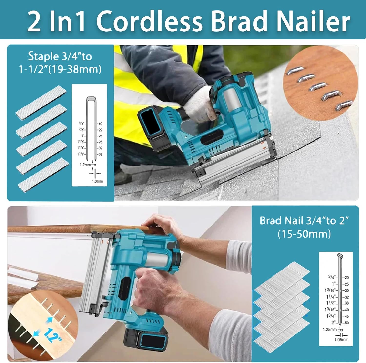 Electric Nail Nailer,21v Nailer Cordless,18 Gauge 2 in 1 Cordless Brad Nailer Stapler,U Shaped Nail/Straight Nail,for Upholstery and Carpentry,with Gloves,1 Battery&400 Nails,Yellow
