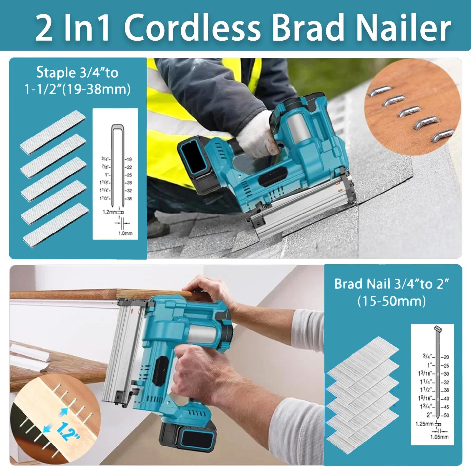 Clavadora Inalámbrica 2 En 1,Clavadora Eléctrica con Clavos 2" De Largo,Profundidad Ajustable,con Guantes,1 Batería Y 400 Clavos,para Proyectos De Bricolaje De Tapicería,Blue