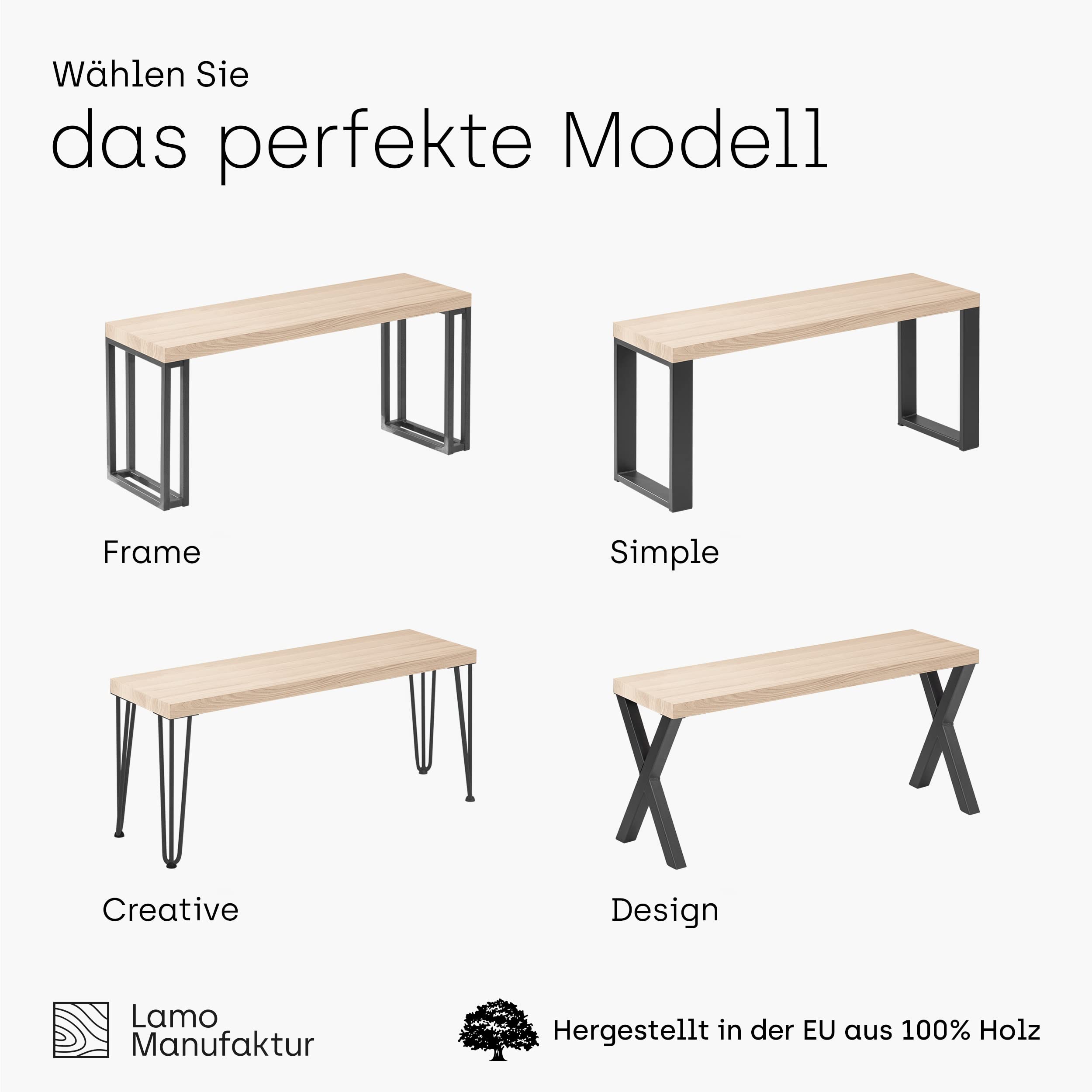 LAMO Manufaktur Banc de Salle à Manger 30x60x47 cm (l x L x h), Pied en métal modèle Simple Blanc/Assise en Bois Couleur Naturel, LSB-01-A-002-60-9016S