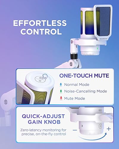 Miniatura 6 de InnoGear Juego de micrófonos USB para juegos, micrófono condensador con cancelación de ruido con brazo de brazo RGB silencioso, auriculares Jack