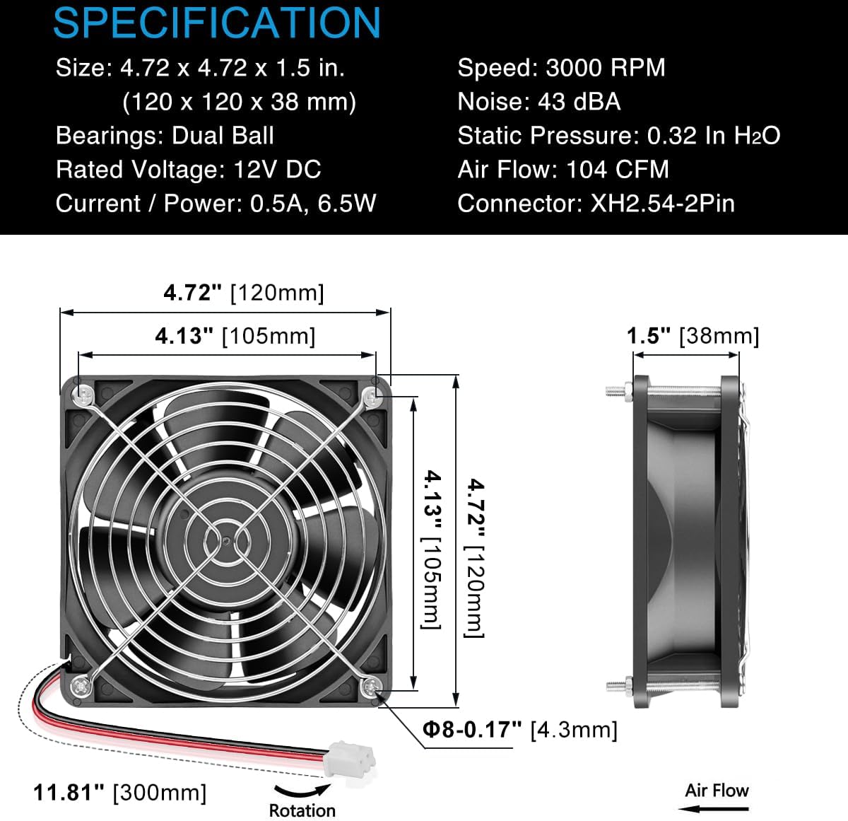GDSTIME 12V 1238 Cooling Fan, 120mm x 38mm 3000RPM Dual Ball Bearings DC Brushless Fan