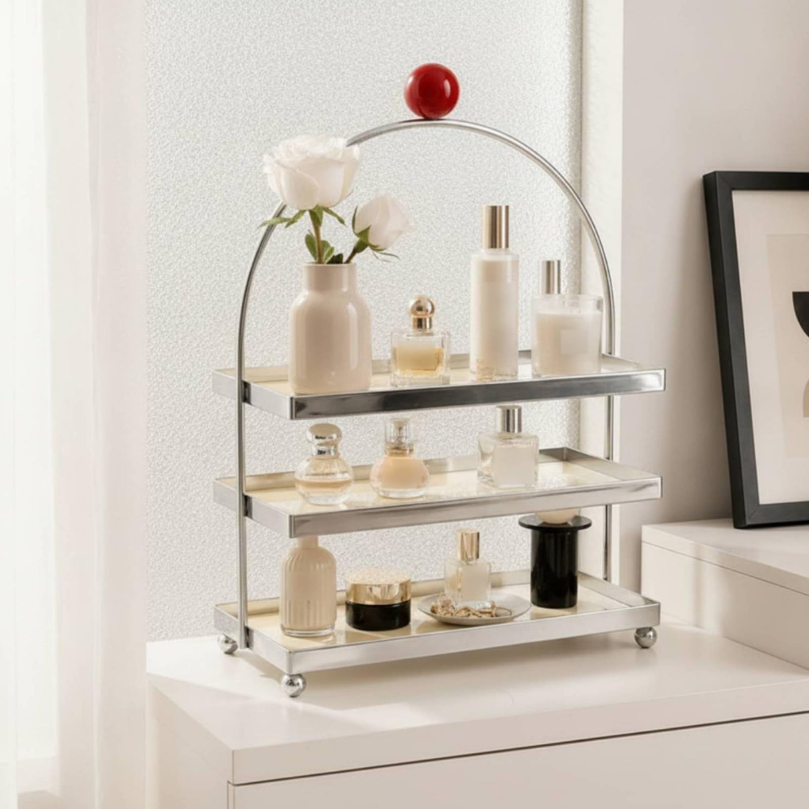 Organizer da Tavolo a Tre Livelli Salvaspazio Scaffale a Tre Livelli Verticale Ripiano Portaoggetti per Trucco, Nero, Rosso, Tre Strati Con Sfera Rossa