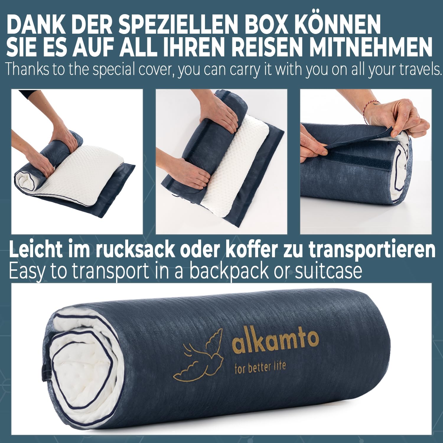 alkamto Cuscino in memory foam, 70 x 45 cm, ergonomico, certificato Oeko-Tex, rivestimento termoregolante, ipoallergenico e lavabile, per chi dorme sulla schiena e sul fianco (70 x 45 x 12 cm)