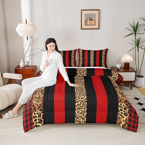 Miniatura 2 de Manfei Juego de edredón con estampado de leopardo, tamaño individual, juego de ropa de cama de 2 piezas a rayas rojas, marrones, negras, edredón de