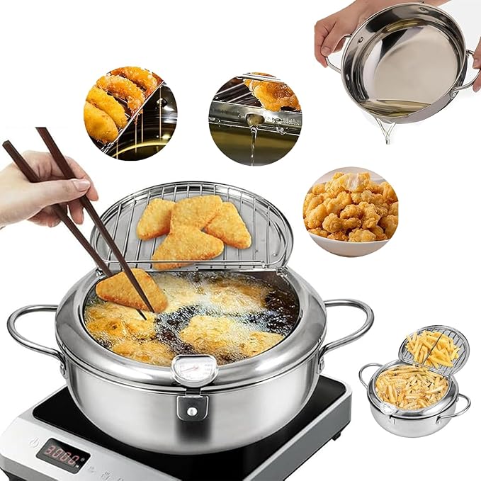 stainless steel frying pot with thermometer and oil drip drainer rack