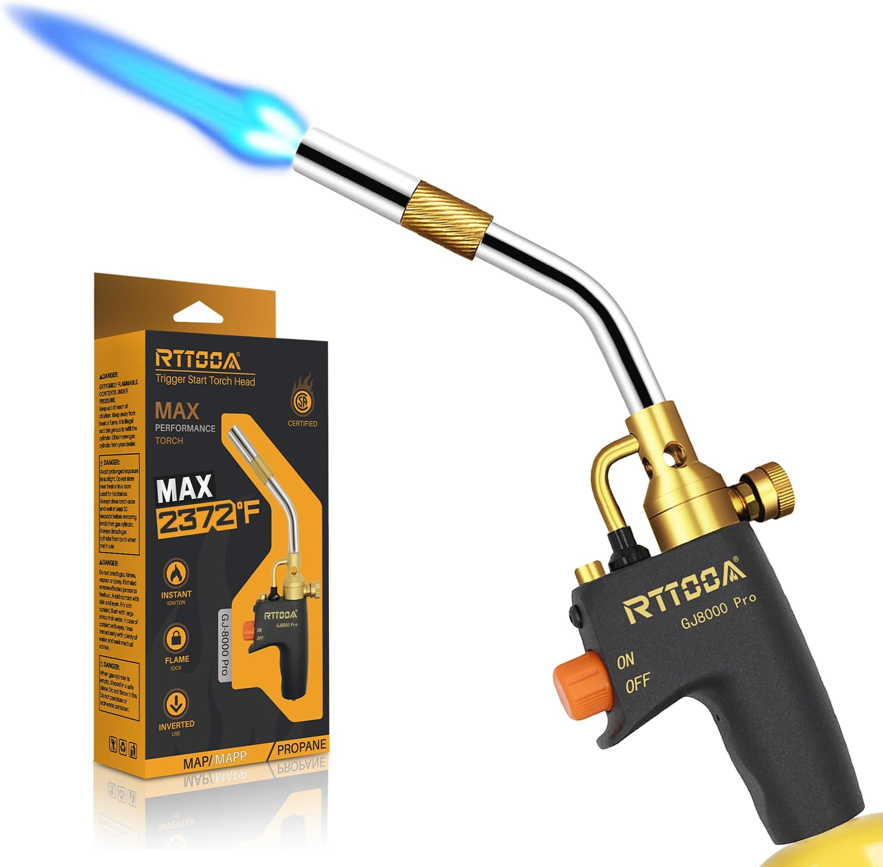 RTTOOA Propane Torch Head, GJ-8000pro High Intensity Torch Head, Trigger Start Gas Torch Kit for Propane, Pencil Flame Welding Torch Fuel by Mapp/Map/Propane, Soldering, Cooking（CSA Certified)