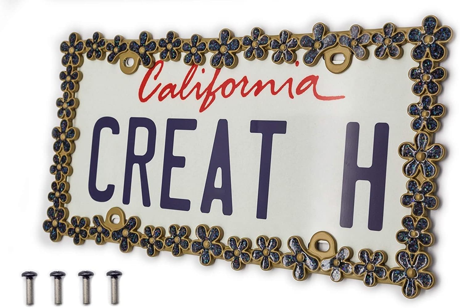 Creathome 3D Shining Daisy Wrenth License Plate Frame from Pure Zinc Alloy Metal Perfect Plate Holder,Matt Gold with Black Glitter - Image 2