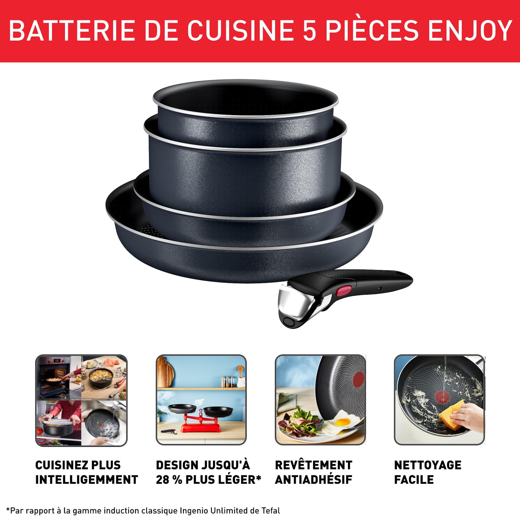 Tefal Ingenio Enjoy, Batterie de cuisine 5pièces, Poêles et casseroles légères, Technologie Light Tech, Poignée amovible