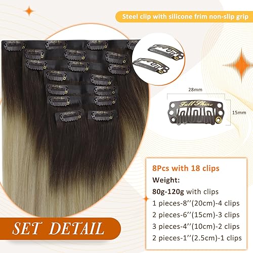 Miniatura 2 de Full Shine - Extensiones de cabello humano con clip, trama de poliuretano, rubio ombré, color castaño oscuro a reflejos rubios, sin costuras, para