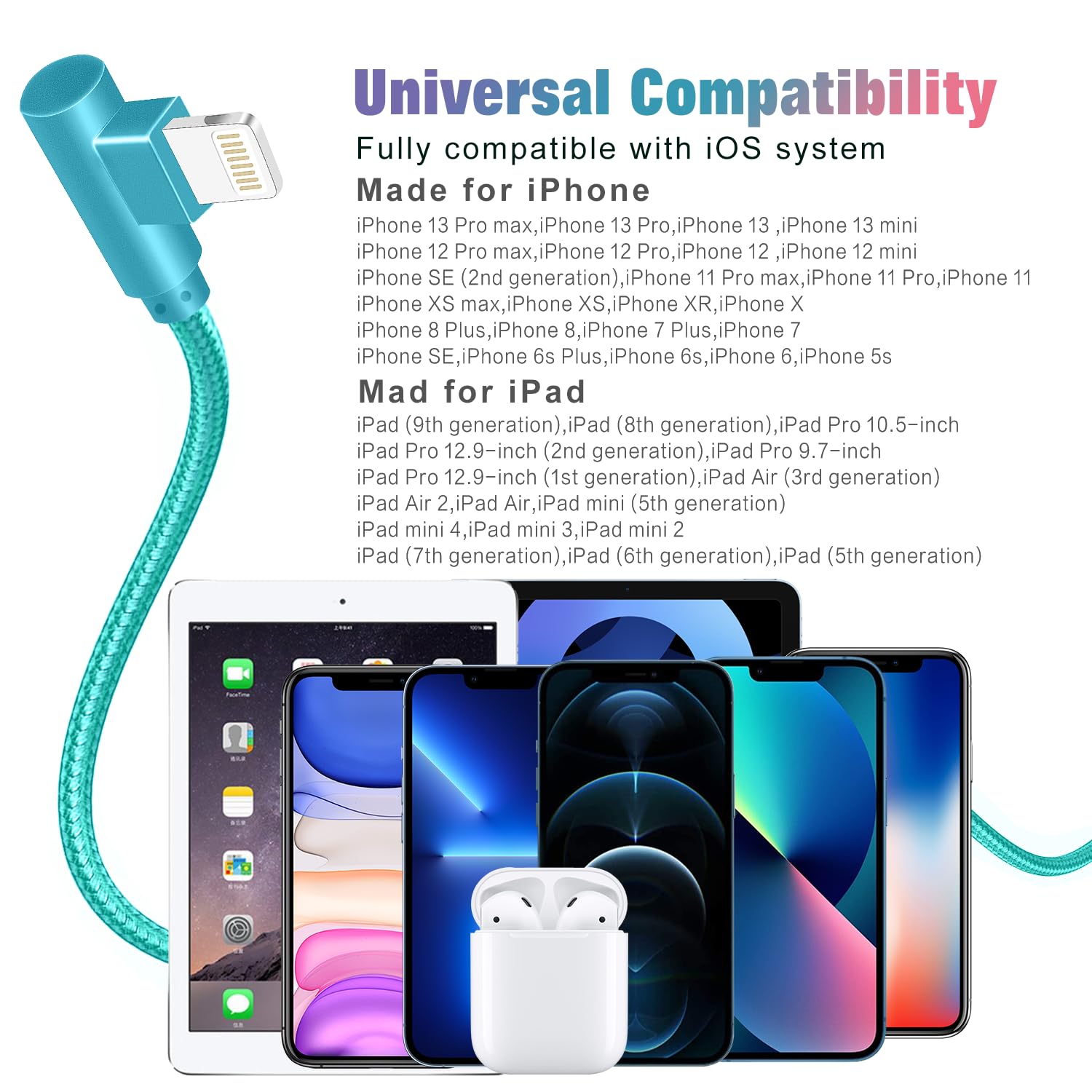 APFEN Cable Lightning para iPhone de 10 pies, paquete de 3 unidades de 90 grados de largo, cable de carga trenzado de nailon resistente, certificado MFi, compatible con iPhone 13/12/11/Pro/X/XS/XR/8/7