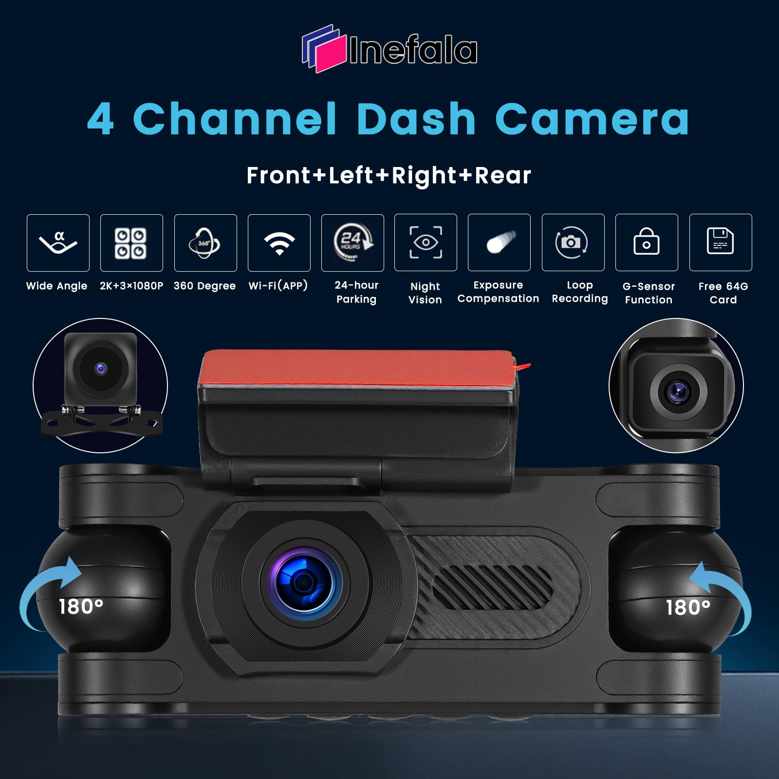 Inefala 2K WiFi 4-kanałowa kamera samochodowa Dash Cam, 2K przedni i tylny przedni 1080P wewnętrzny lewy i prawy kamera samochodowa z kartą 64 GB, nagrywanie w pętli, czujnik G