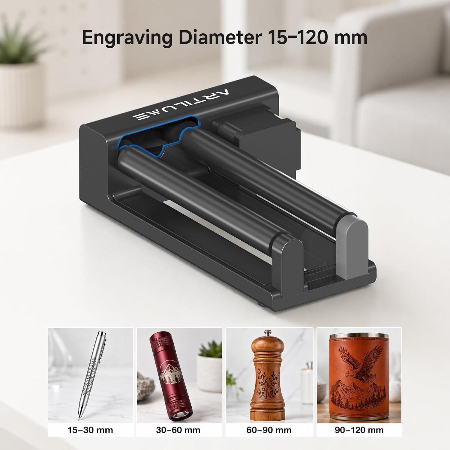 Laser Rotary Roller, 360° Y-Axis Rotary for Tumblers Cups Bottles Engraving, 15-120mm Adjustable, Plug & Play, Steel Build, Compatible with T1 A4 & Most Desktop Laser Engravers