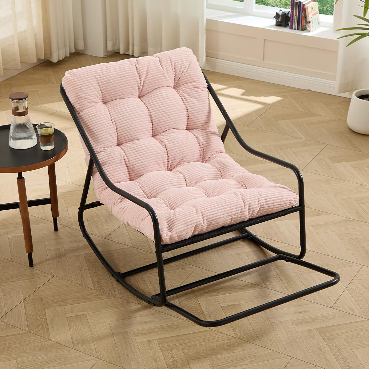 Schaukelstuhl Loungesessel ohne Armlehnen, Lesenstuhl Relaxstuhl mit Metalrahmen, Stuhl drinnen & draußen für Wohnzimmer Balkon Garten, Cord Pink