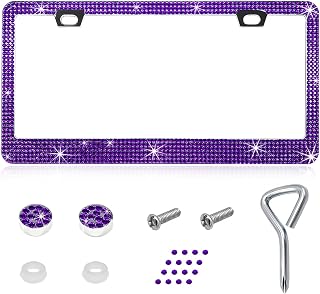 Bling License Plate Frame, Sparkly Rhinestone Car Tag Cover with Mounting Kit, Stainless Steel & Obstruction-Free Crystal Auto License Plate Holder for Women, Car Accessories (Purple)