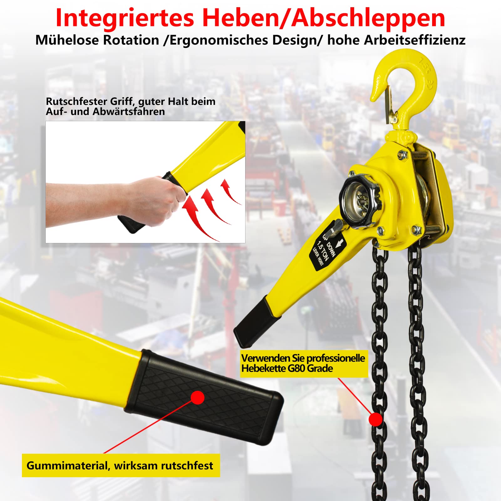 OUUTMEE Polipasto de Cadena de 1,5 T con Brazo Manual y Bloque de Brazo de Bloqueo de 3 m, 1500 kg, Con Rodillo Extractor Para Garajes de Almacenamiento