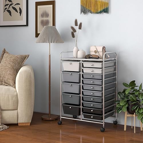 Vista 229 de LDAILY Carrito de almacenamiento con ruedas de 15 cajones, carrito rodante con cajones para aula, organizador de manualidades con ruedas con marco
