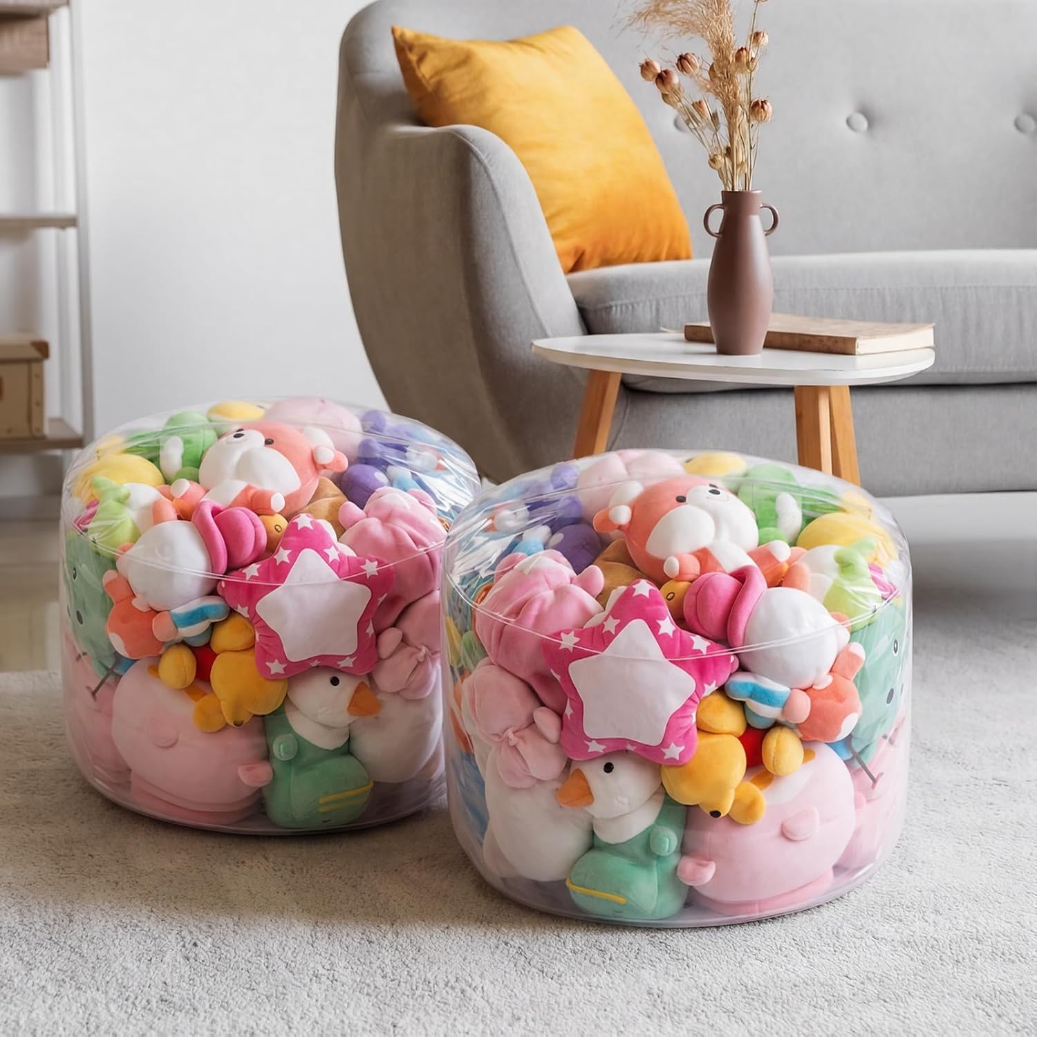 Batiyeer 2 Pcs Clear Stuffed Animal Storage Chair Large Transparent Bean Bag Chair Cover for Plush Toys Living Room Bedroom (Classic Style,39.3 × 37.4 × 35.4 Inches, 21.7 x 21.7 x 13 Inches)