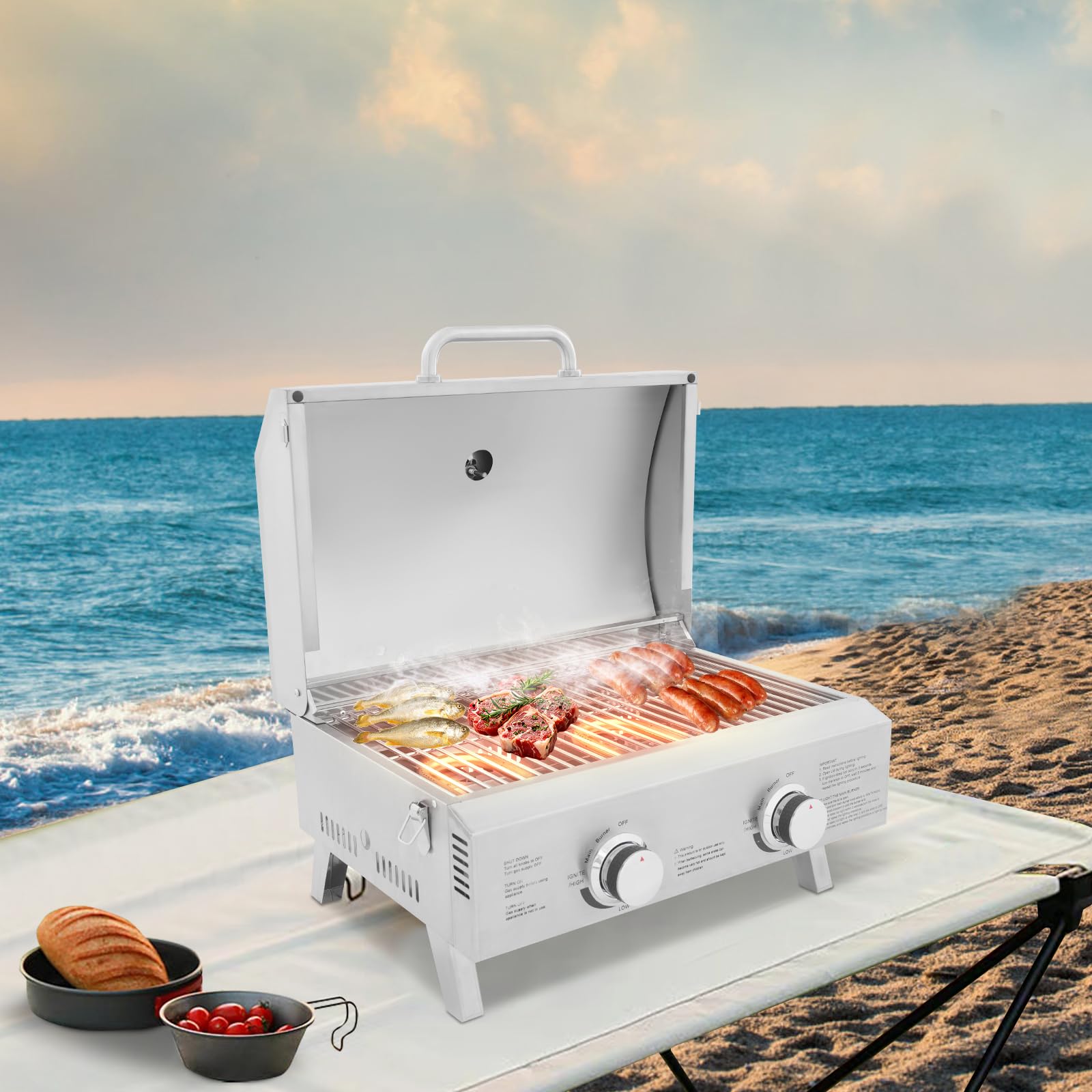 Barbecue à gaz portable à 2 brûleurs - Barbecue à gaz de table avec grille de cuisson - Barbecue à gaz en acier inoxydable - Barbecue de camping en plein air - Plaque de cuisson avec grille de cuisson