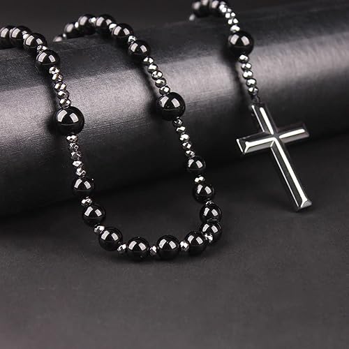 Miniatura 7 de Red Tiger Eye Cross Necklace Black Obsidian and Hematite Christ Rosary Healing Crystal Necklaces with Cross Pendant Men Necklace Meditation Jewelry