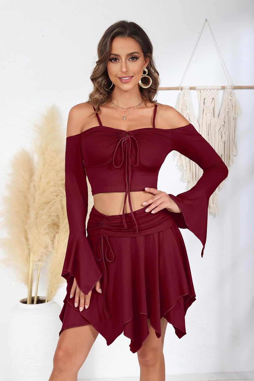 Ophestin Womens Y2K Fairy Dress Off Shoulder Handkerchief 2 Piece Skirts Set Fairycore Halloween Dress - Image 3