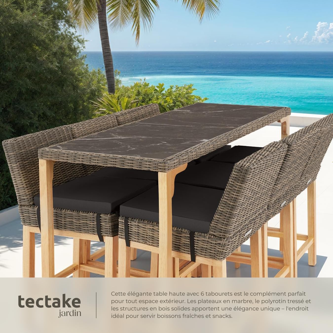 tectake® Ensemble de Bar Extérieur en Poly Rotin 6 Places - Table et Chaises de Jardin avec Coussins Inclus - Mobilier pour Aménagement Balcon