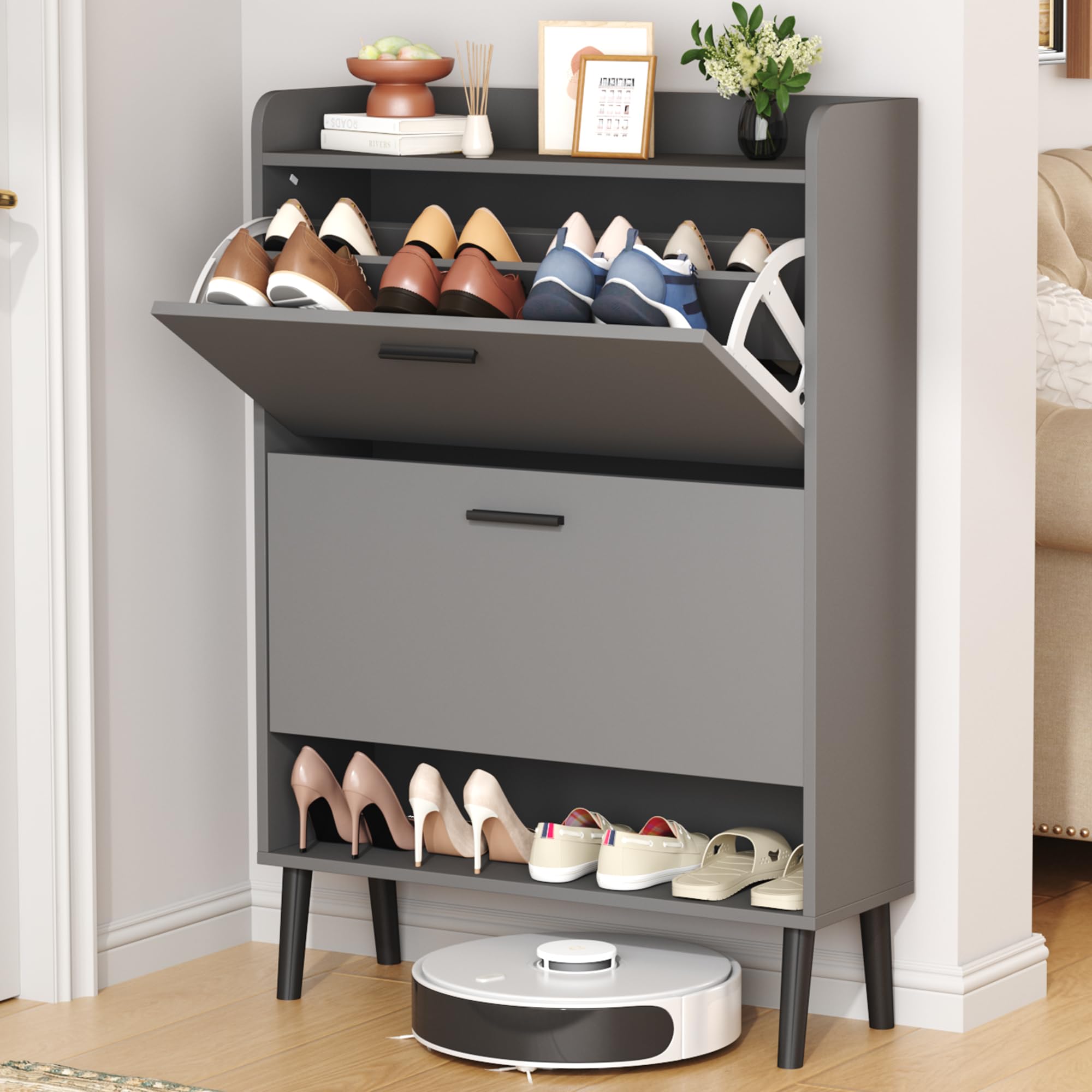 HOMEFORT Shoe Cabinet for Entryway, Shoe Storage Cabinet with 2 Flip Drawers, 30" Narrow Shoe Organizer Cabinet for Front Door Entrance, Modern Slim Hidden Shoe Rack Cabinet, Gray with Black Handles