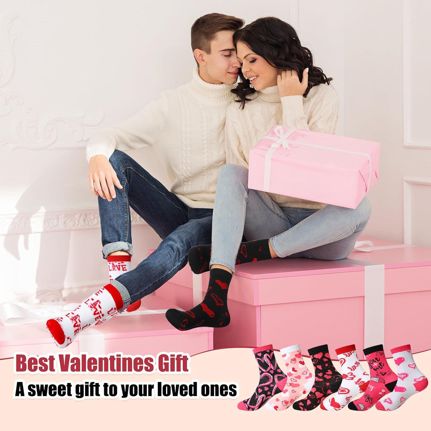 Ramede 48 Pairs Valentine Socks Bulk Novelty Cozy Heart Love Pattern Pink Crew Sock Gifts for Women Men(Heart)