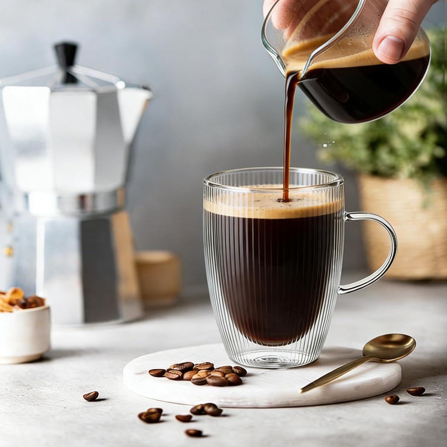 4 Pack Double Wall Glass Coffee Mugs, 12oz Glass Coffee Cup with Handle, Double Insulated Coffee Mugs Perfect for Espresso, Cappuccino, Latte, American, Tea Bag, Hot Beverages