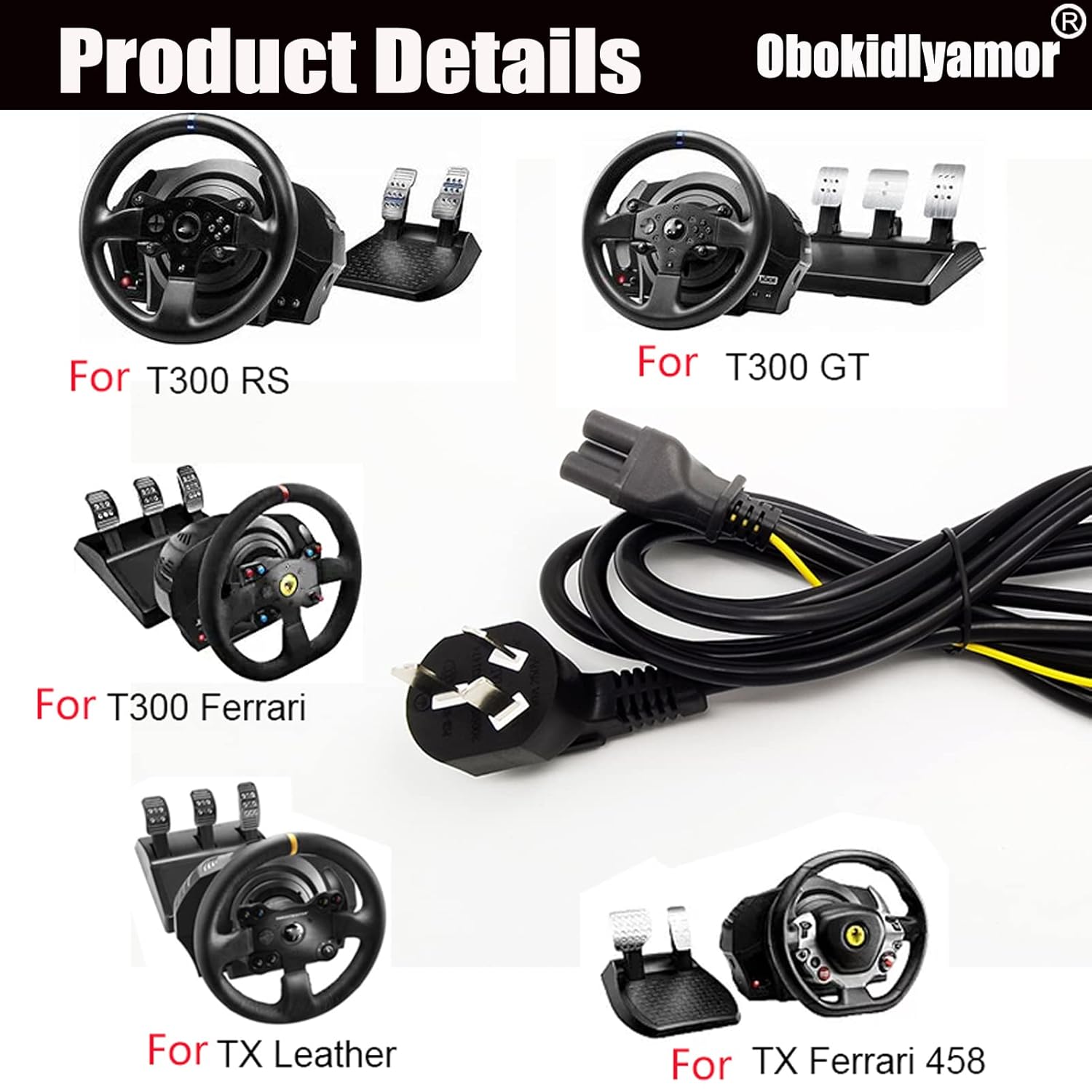 3M Replacement Power Supply Adapter Cable for Thrustmaster T300 TX Series Bases Connection Cable;Power Cord For T300RS/T300GT/T300 Ferrari/TX Leather/TX Ferrari 458 Steering wheel