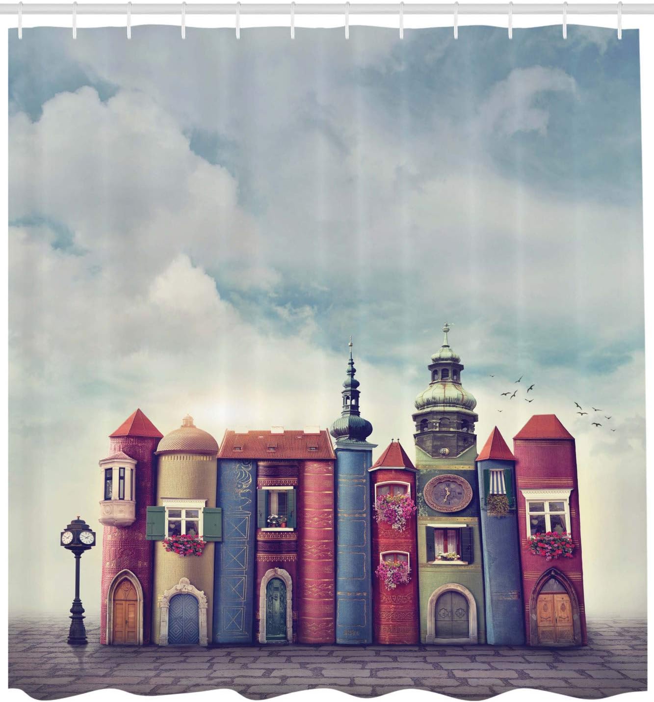 Ambesonne Fantasy Shower Curtain, City with Old Books Style Buildings Birds and Cloudy Sky Literature Cityscape, Cloth Fabric Bathroom Decor Set with Hooks, 69" W x 75" L, Red and Blue